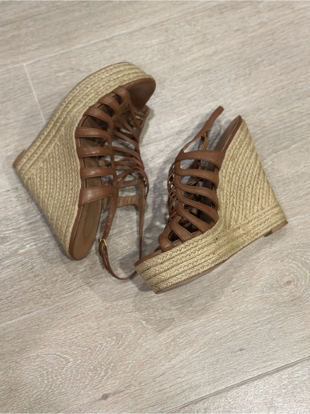 Elie Tahari Brown Braided Leather Espadrille Wedge Sandals